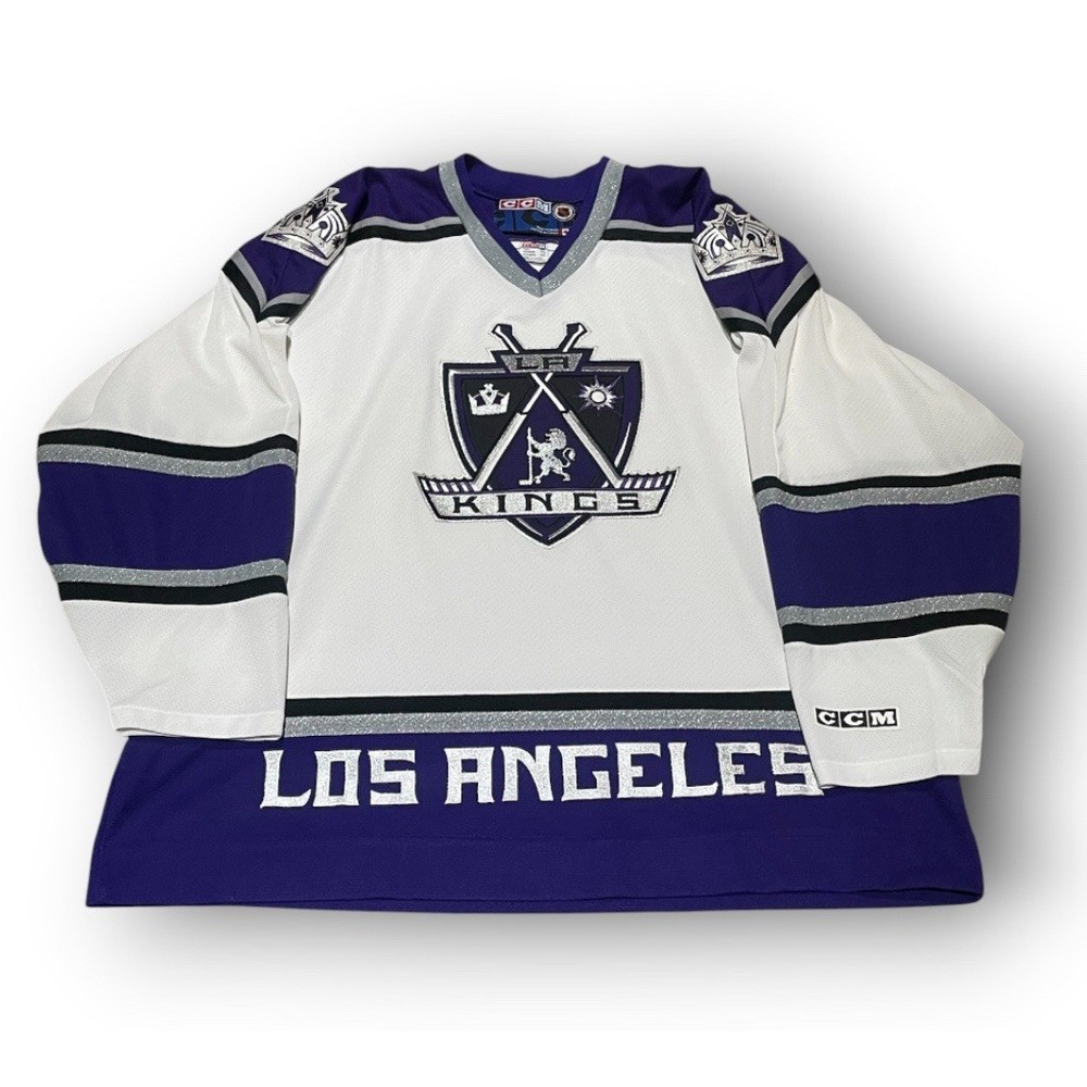 Vtg LA Kings CCM Hockey Jersey White Purple, Crown, Shield, Alternate, Mens, XXL